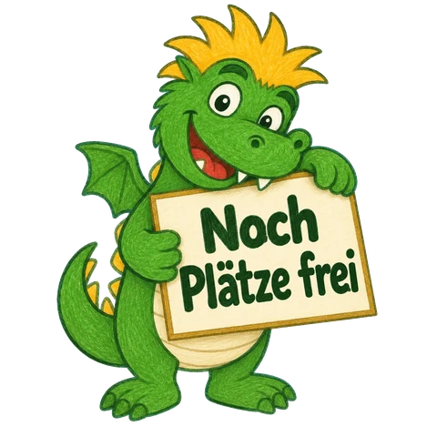 Zwergdrache mit dem Schild ‚Noch Plätze frei‘